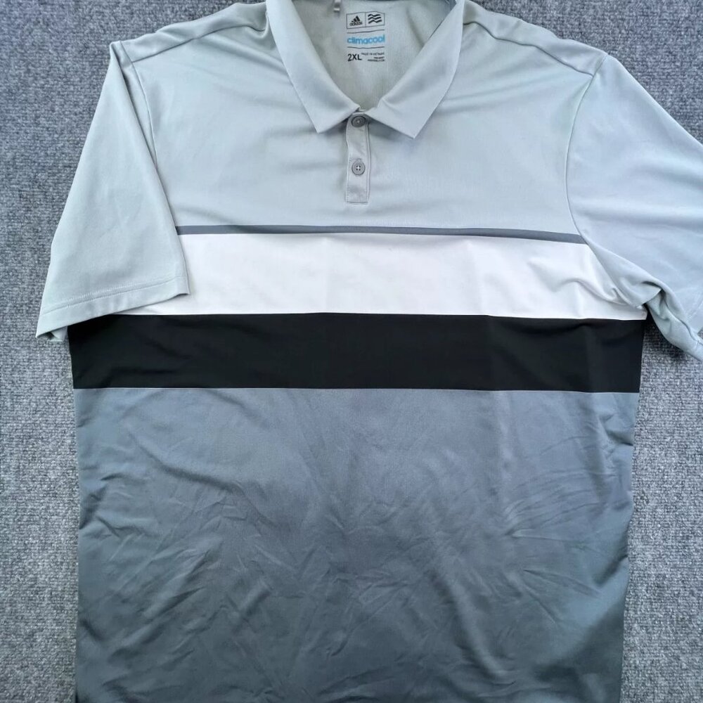 Adidas Climacool Polo Shirt Gray Striped Short Sleeve Polyester Wicking Men Golf